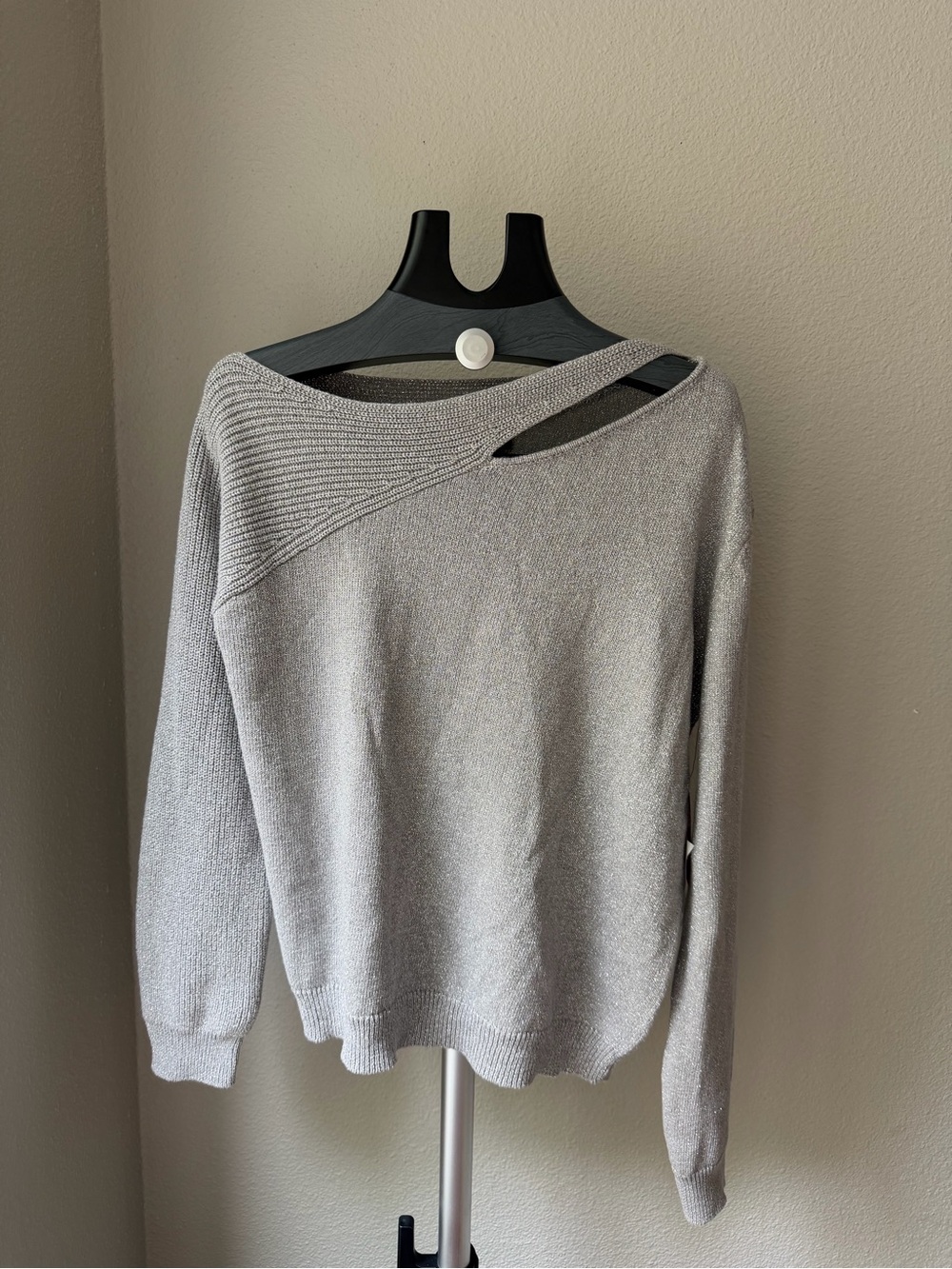 Vince Camuto Grey Silver Shimmer Asymmetric Cutout Women's Sweater